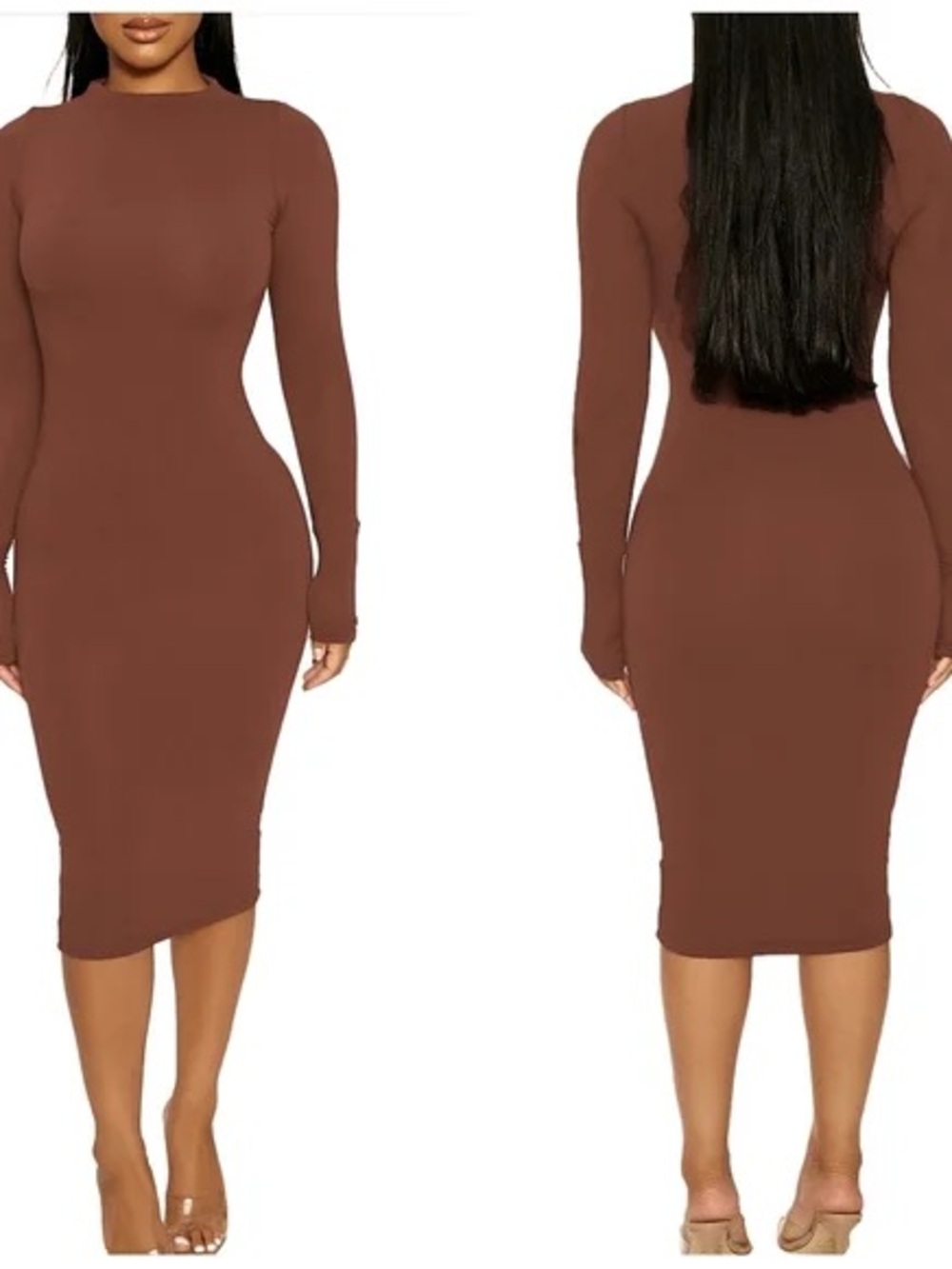 Long Sleeve Bodycon Midi Dress - Brown